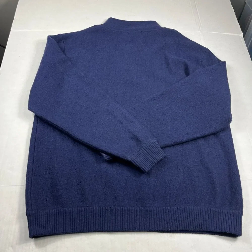 Orvis Mens 1/4 Snap Button Wool Sweater Blue Faux Leather Trim Rugged Pullover L